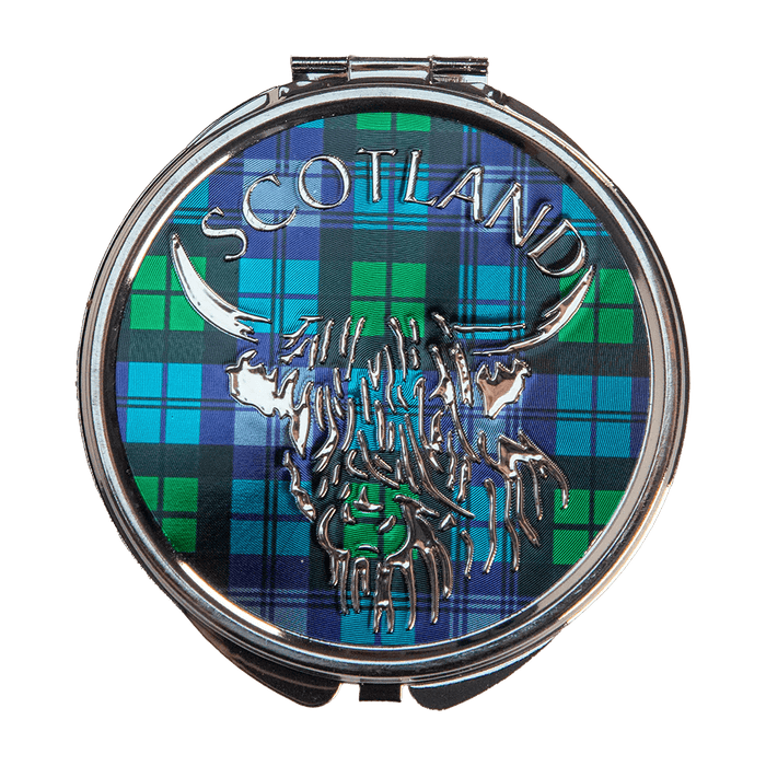 Scottish Tartan Compact Mirror – Westie & Highland Coo Travel Mirror - Heritage Of Scotland - Green Tartan Highland Coo