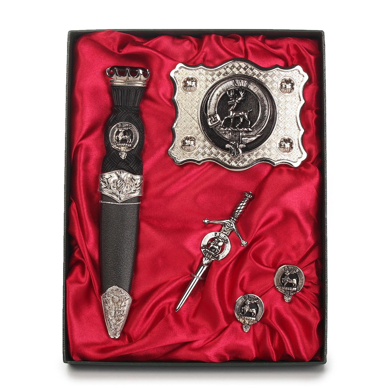 Shaw Clan Badge, Kilt Pin, Lapel Pin, Cufflinks, Keyring/Key Fob & Gift Set — Fine Pewter by Art Pewter — Made in Scotland (Shiny Finish) - Heritage Of Scotland - Gift Set