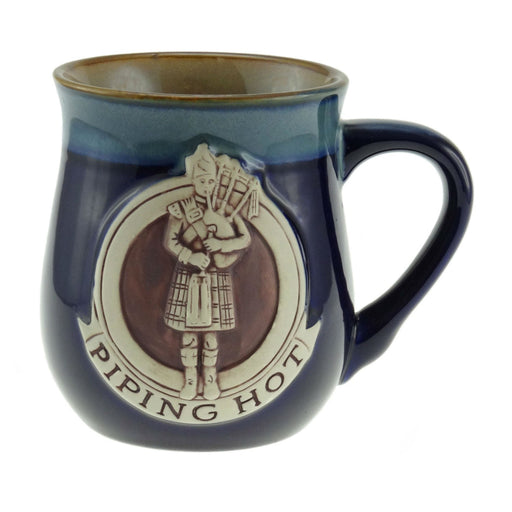 Stoneware Mug with Piper Design and Piping Hot Caption – Scottish Gift - Heritage Of Scotland - Blue