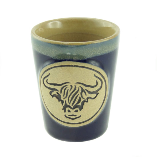 Stoneware Shot Cup Highland Cow Design – Fun Scottish Drinkware - Heritage Of Scotland - Blue