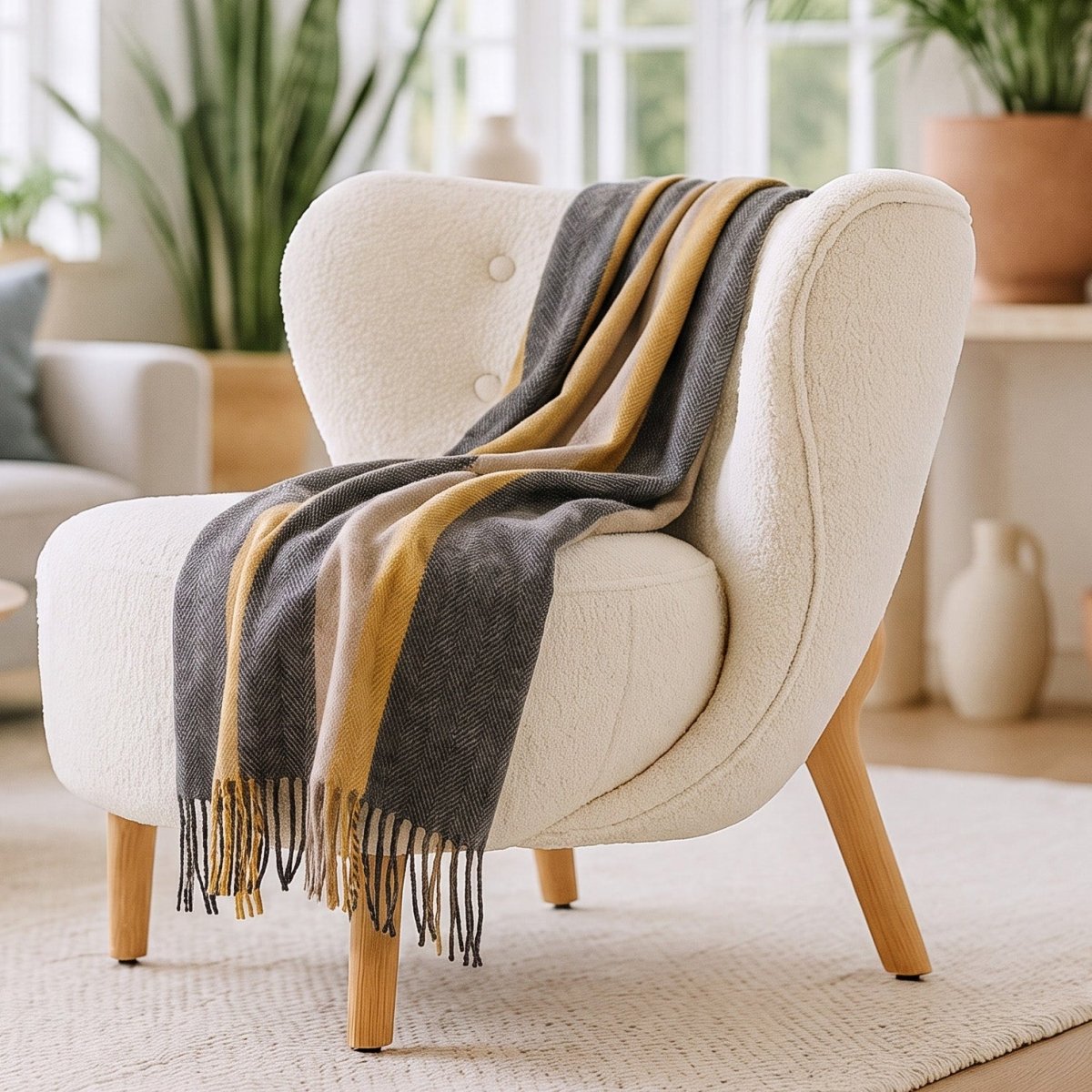Stripe Herringbone Wool Blanket - Natural Taupe - Heritage Of Scotland -