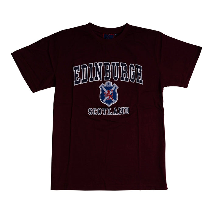 T-Shirt Emb. Edin/ Flag/ Shield/ Lion - Heritage Of Scotland - MAROON
