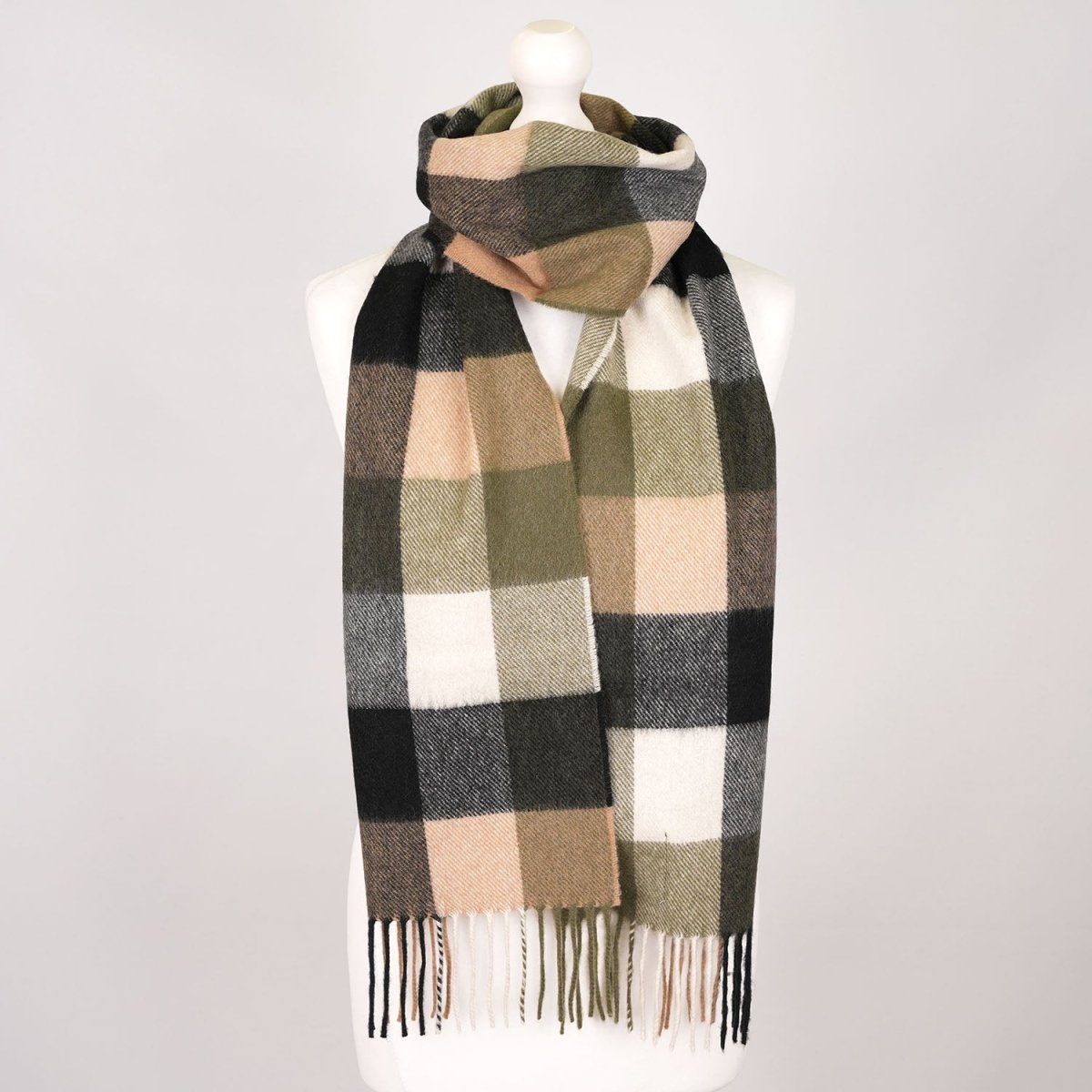 Tartan Weaving Mill 100% Pure Cashmere Scarf - Made in Scotland - BLOCK OLIVE - Heritage Of Scotland -