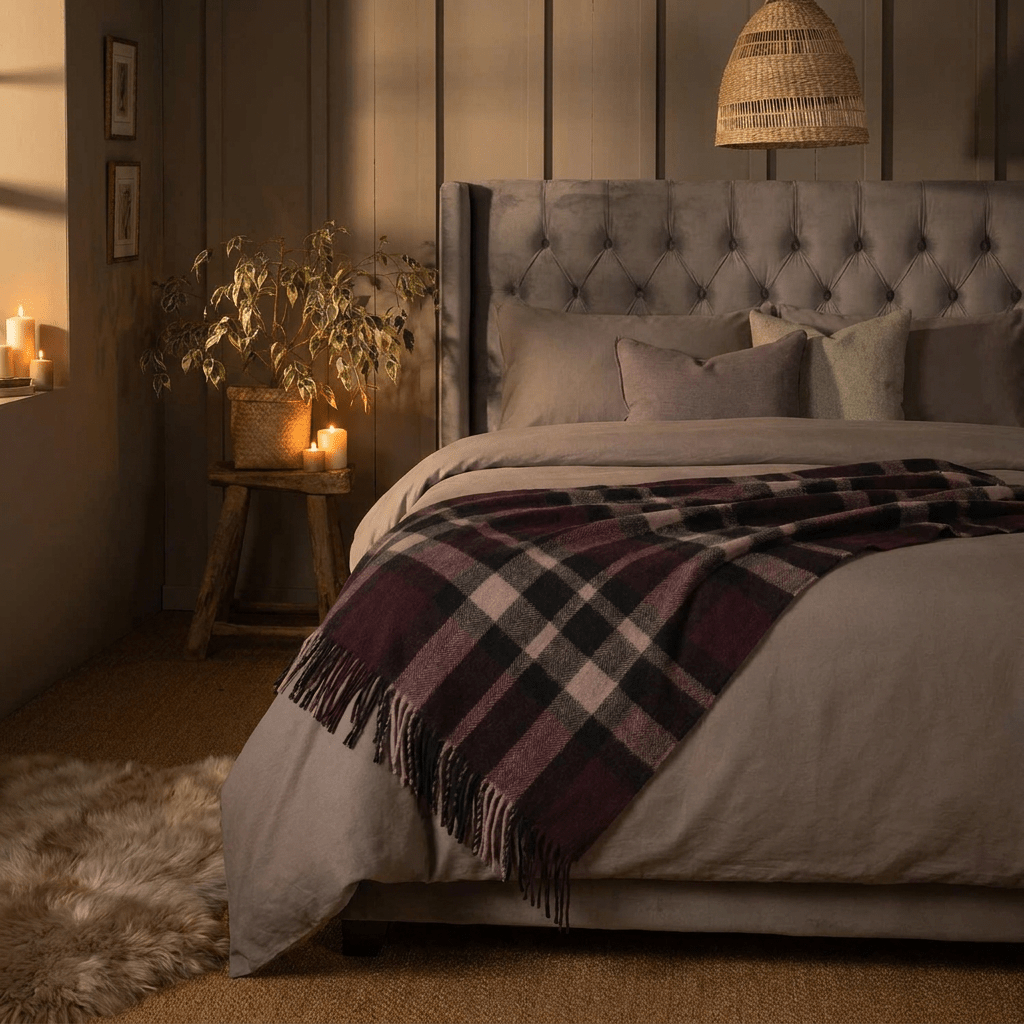 Tartan Wool Blend Blanket Throw – Soft Plaid Sofa & Bed Blanket - EXPLODED SCOTTY THOMSON BORDEAUX - Heritage Of Scotland -