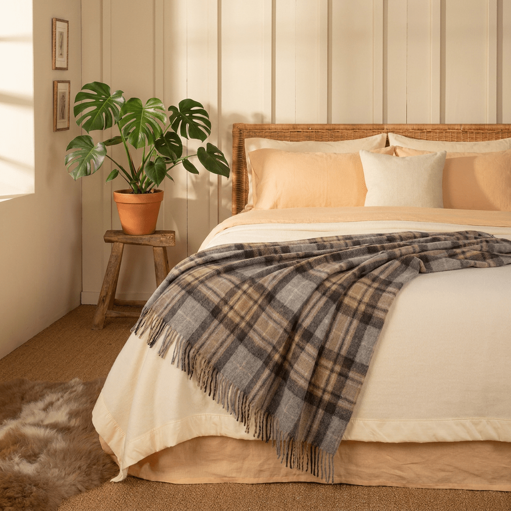 Tartan Wool Blend Blanket Throw – Soft Plaid Sofa & Bed Blanket - Mackellar Natural - Heritage Of Scotland -