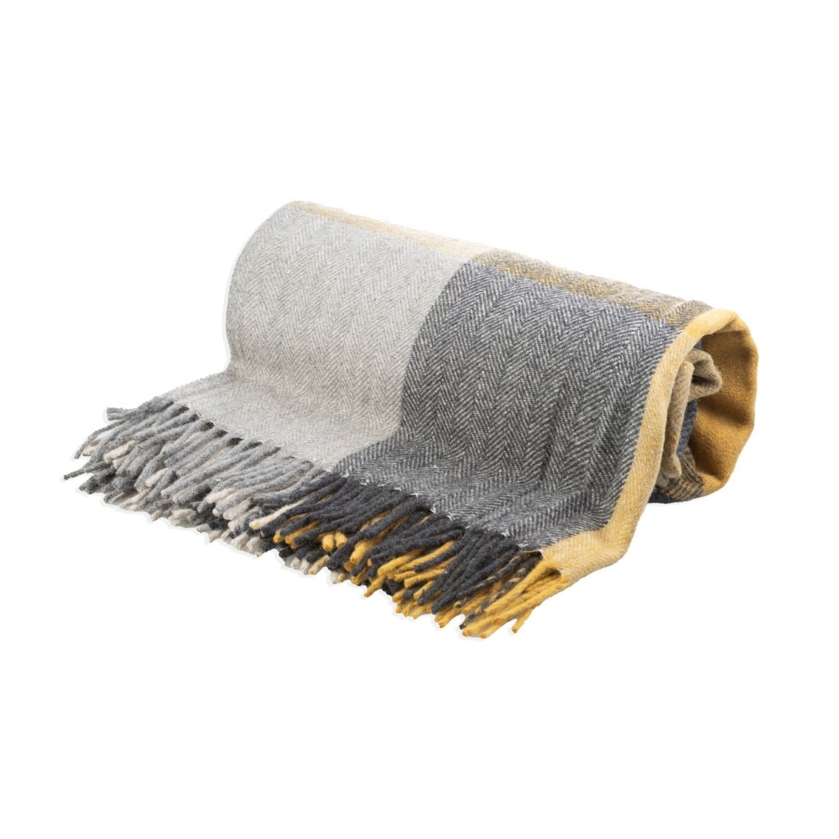 The Cosy Check – Recycled Wool Block-Check Herringbone Blanket - GREY OCHRE - Heritage Of Scotland -