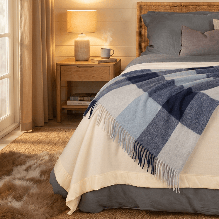The Cosy Check – Recycled Wool Block-Check Herringbone Blanket - LIGHT BLUE - Heritage Of Scotland -
