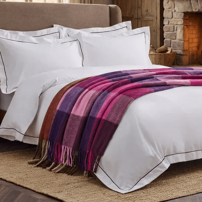 The Cosy Check – Recycled Wool Block-Check Herringbone Blanket - PURPLE MIX - Heritage Of Scotland -