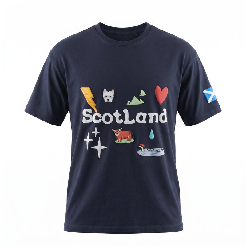 Travel Outfitters Scotland Icons 3D Puff Print T-Shirt – Navy - Heritage Of Scotland - XS
