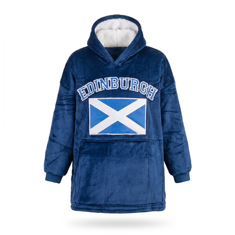 Unisex Edinburgh Saltire Hoodie Blanket – Navy Oversized Fleece - Heritage Of Scotland -