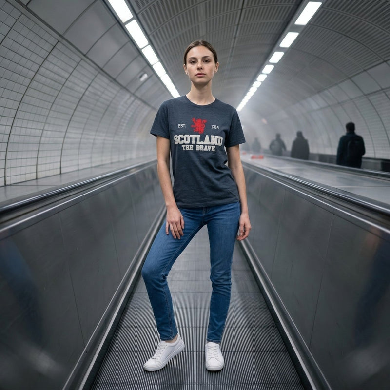 Unisex Scotland Est 1314 The Brave Applique T-Shirt Denim - Heritage Of Scotland - XS