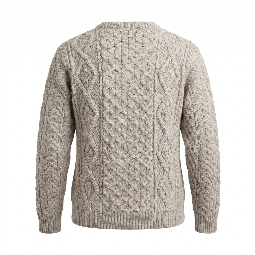 Unisex Speckled Beige 100% Wool Aran Cable Knit Crew Neck Jumper – Made in Ireland | Skiddaw - Heritage Of Scotland - XS