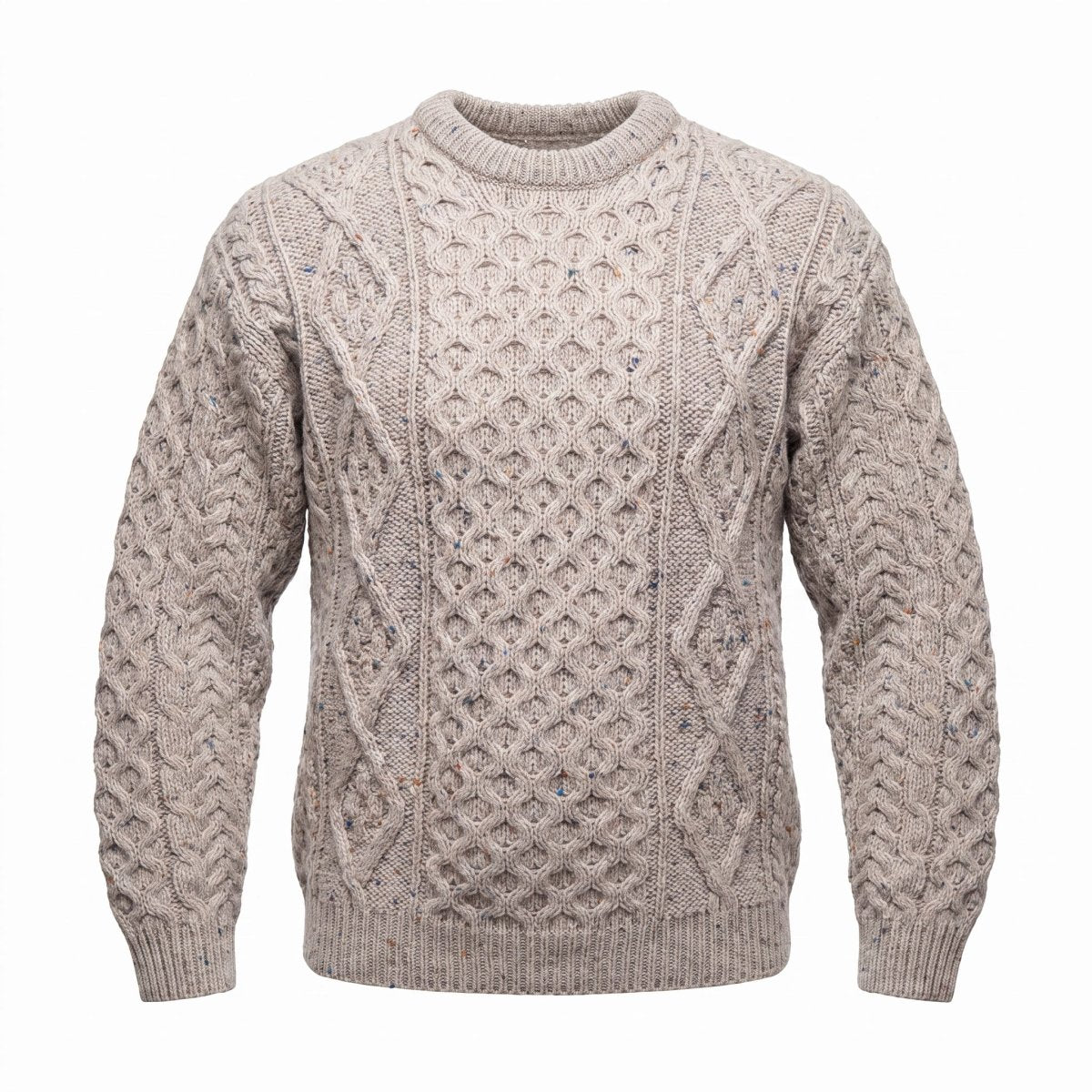 Unisex Speckled Beige 100% Wool Aran Cable Knit Crew Neck Jumper – Made in Ireland | Skiddaw - Heritage Of Scotland - XS