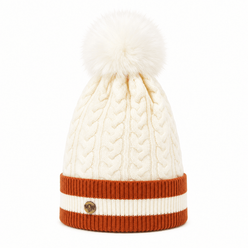 Woman's Knit Hat with Pom Pom and Fleece Lining - Banded and White - Heritage Of Scotland - 