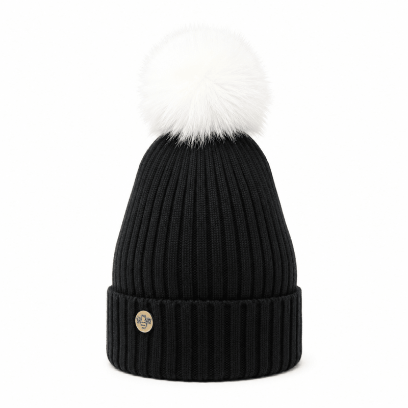 Woman's Knit Hat with Pom Pom and Fleece Lining - Black and White - Heritage Of Scotland - 