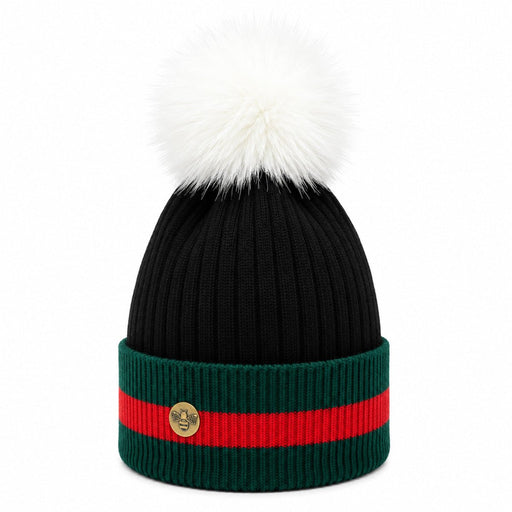 Woman's Knit Hat with Pom Pom and Fleece Lining - Black and White - Heritage Of Scotland - 