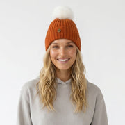 Woman's Knit Hat with Pom Pom and Fleece Lining - Cappuccino and White - Heritage Of Scotland - 