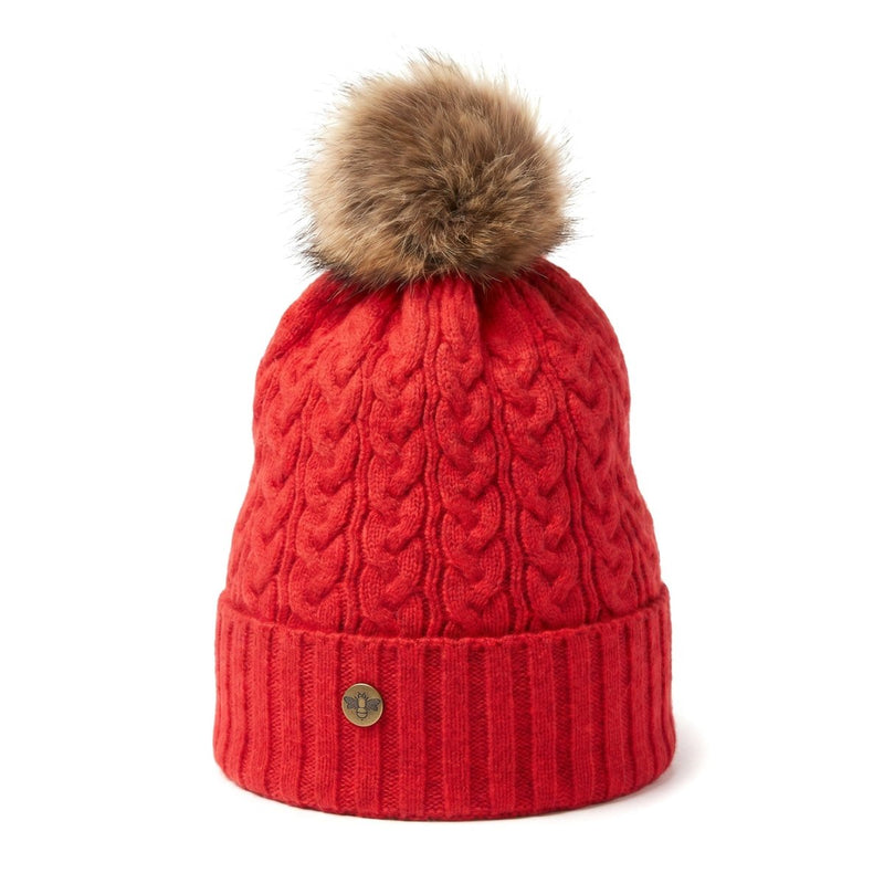 Woman's Knit Hat with Pom Pom and Fleece Lining - Ferrari Red and Brown - Heritage Of Scotland - 