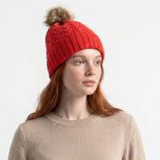Woman's Knit Hat with Pom Pom and Fleece Lining - Ferrari Red and Brown - Heritage Of Scotland - 