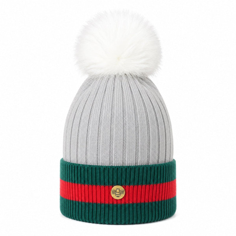 Woman's Knit Hat with Pom Pom and Fleece Lining - G Silver/White - Heritage Of Scotland -