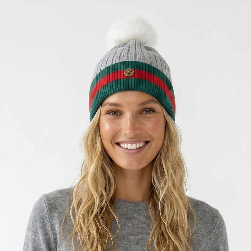 Woman's Knit Hat with Pom Pom and Fleece Lining - G Silver/White - Heritage Of Scotland -