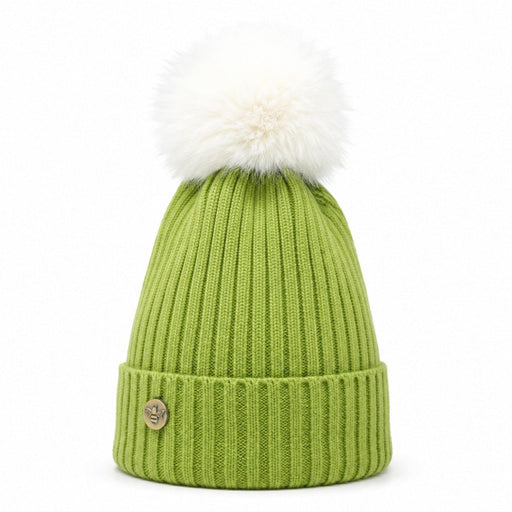 Woman's Knit Hat with Pom Pom and Fleece Lining - Matcha and White - Heritage Of Scotland - 