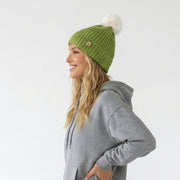 Woman's Knit Hat with Pom Pom and Fleece Lining - Matcha and White - Heritage Of Scotland - 