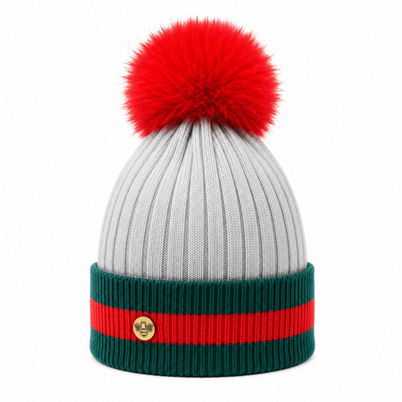Woman's Knit Hat with Pom Pom and Fleece Lining - Silver and Red - Heritage Of Scotland - 