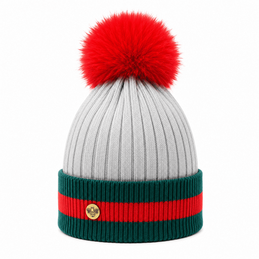 Woman's Knit Hat with Pom Pom and Fleece Lining - Silver and Red - Heritage Of Scotland - 