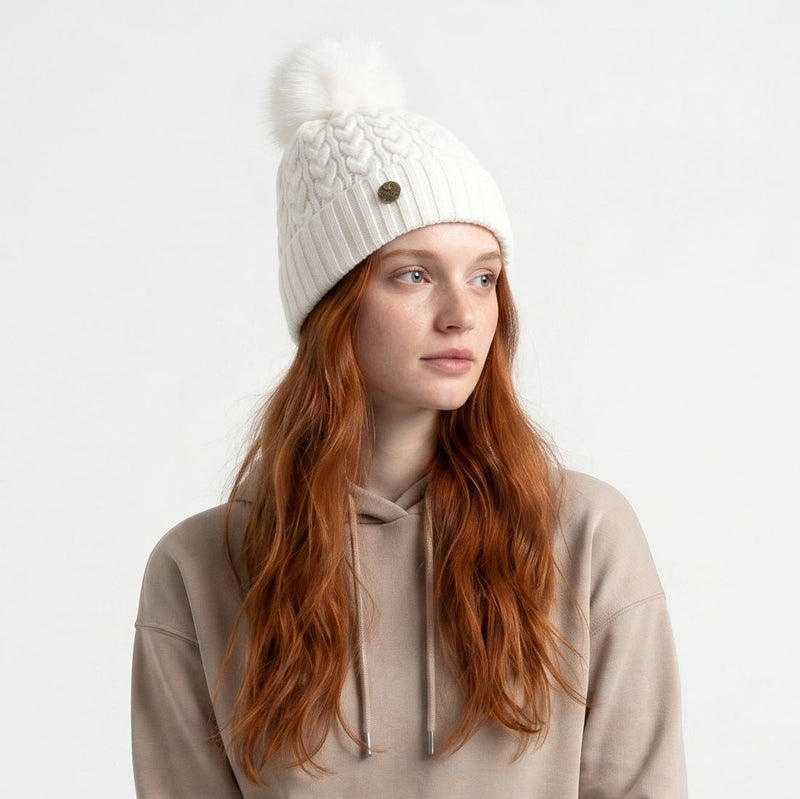 Woman's Knit Hat with Pom Pom and Fleece Lining - White - Heritage Of Scotland - 
