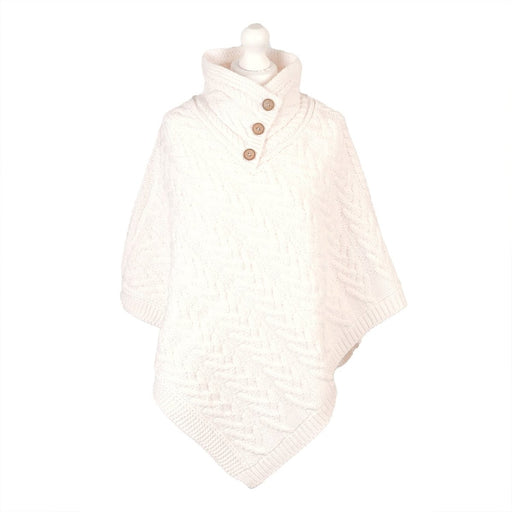 Women’s Knitted Hooded Poncho with Buttons – Cable Knit Cape - CREAM - Heritage Of Scotland -