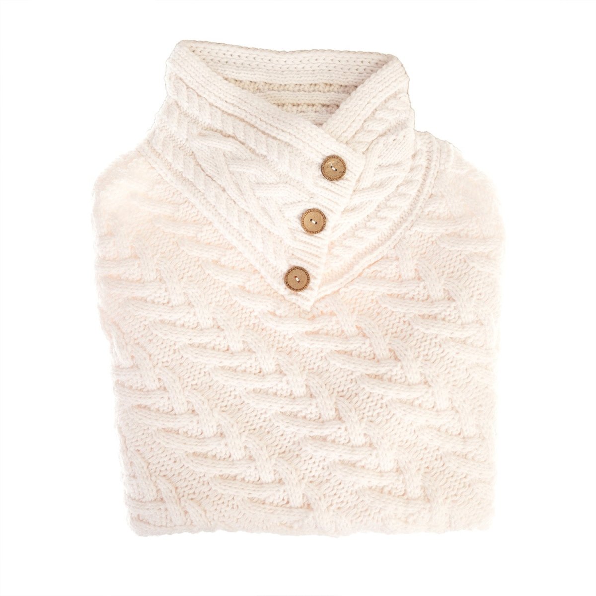 Women’s Knitted Hooded Poncho with Buttons – Cable Knit Cape - CREAM - Heritage Of Scotland -