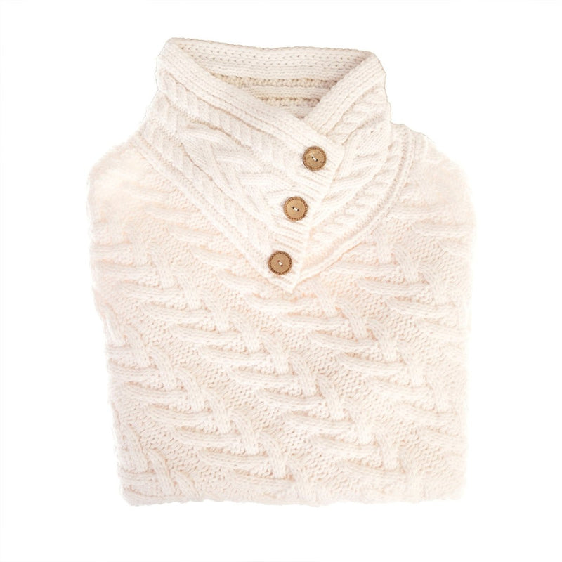 Women’s Knitted Hooded Poncho with Buttons – Cable Knit Cape - CREAM - Heritage Of Scotland -
