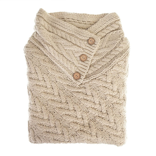 Women’s Knitted Hooded Poncho with Buttons – Cable Knit Cape - KHAKI - Heritage Of Scotland -