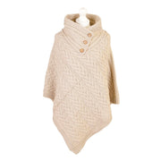 Women’s Knitted Hooded Poncho with Buttons – Cable Knit Cape - KHAKI - Heritage Of Scotland -