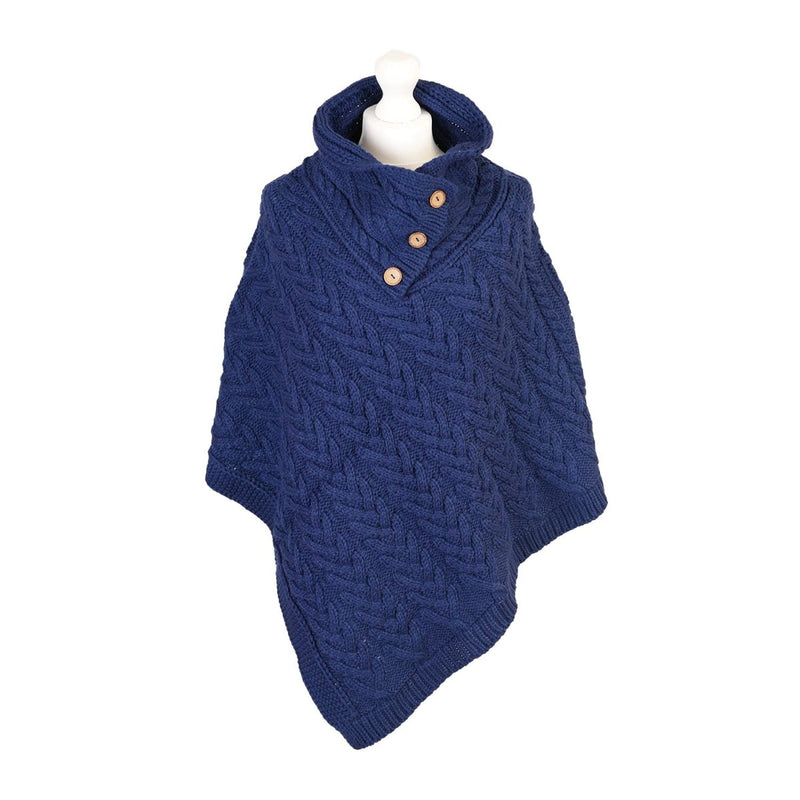 Women’s Knitted Hooded Poncho with Buttons – Cable Knit Cape - NAVY - Heritage Of Scotland -