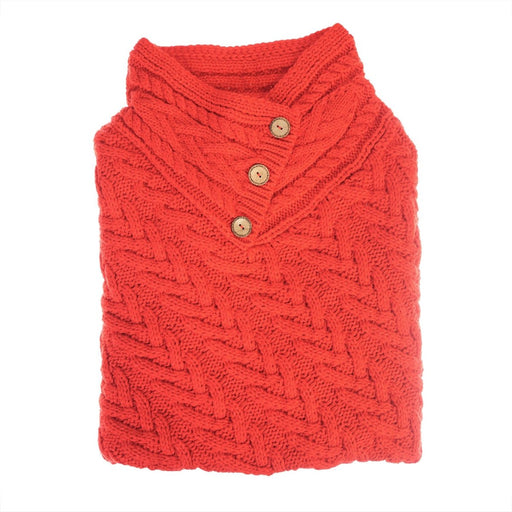 Women’s Knitted Hooded Poncho with Buttons – Cable Knit Cape - RED - Heritage Of Scotland -