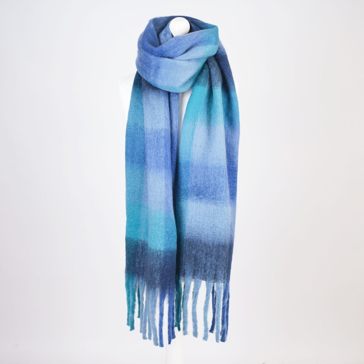 Women’s Soft Check Scarf – Oversized Plaid Winter Wrap with Tassel Fringe - Bright Blue Check - Heritage Of Scotland -