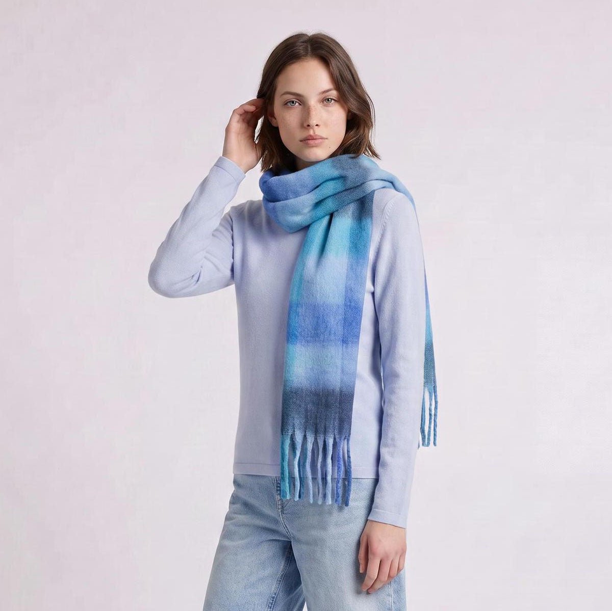 Women’s Soft Check Scarf – Oversized Plaid Winter Wrap with Tassel Fringe - Bright Blue Check - Heritage Of Scotland -