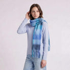 Women’s Soft Check Scarf – Oversized Plaid Winter Wrap with Tassel Fringe - Bright Blue Check - Heritage Of Scotland -
