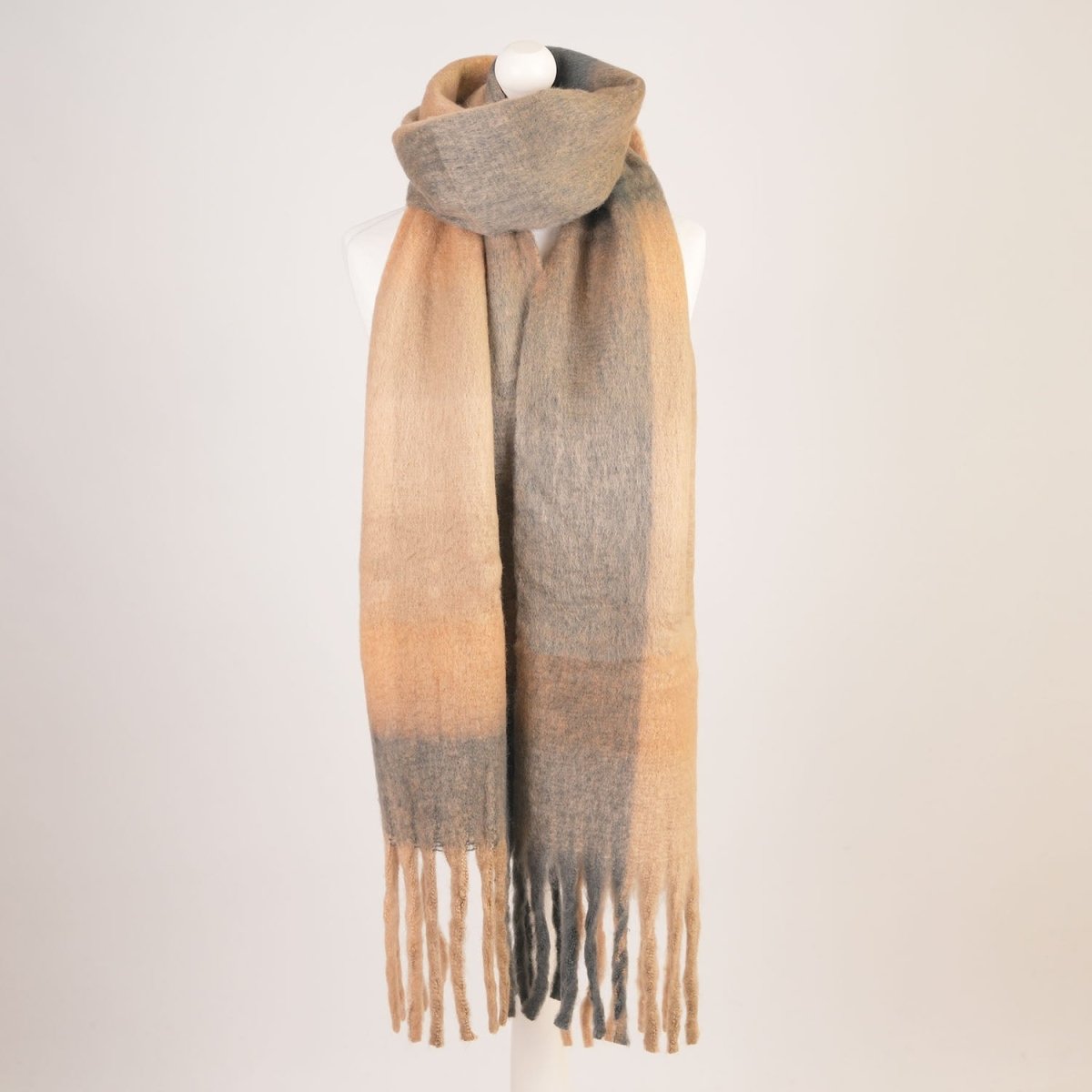Women’s Soft Check Scarf – Oversized Plaid Winter Wrap with Tassel Fringe - Camel Check - Heritage Of Scotland -