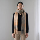 Women’s Soft Check Scarf – Oversized Plaid Winter Wrap with Tassel Fringe - Camel Check - Heritage Of Scotland -