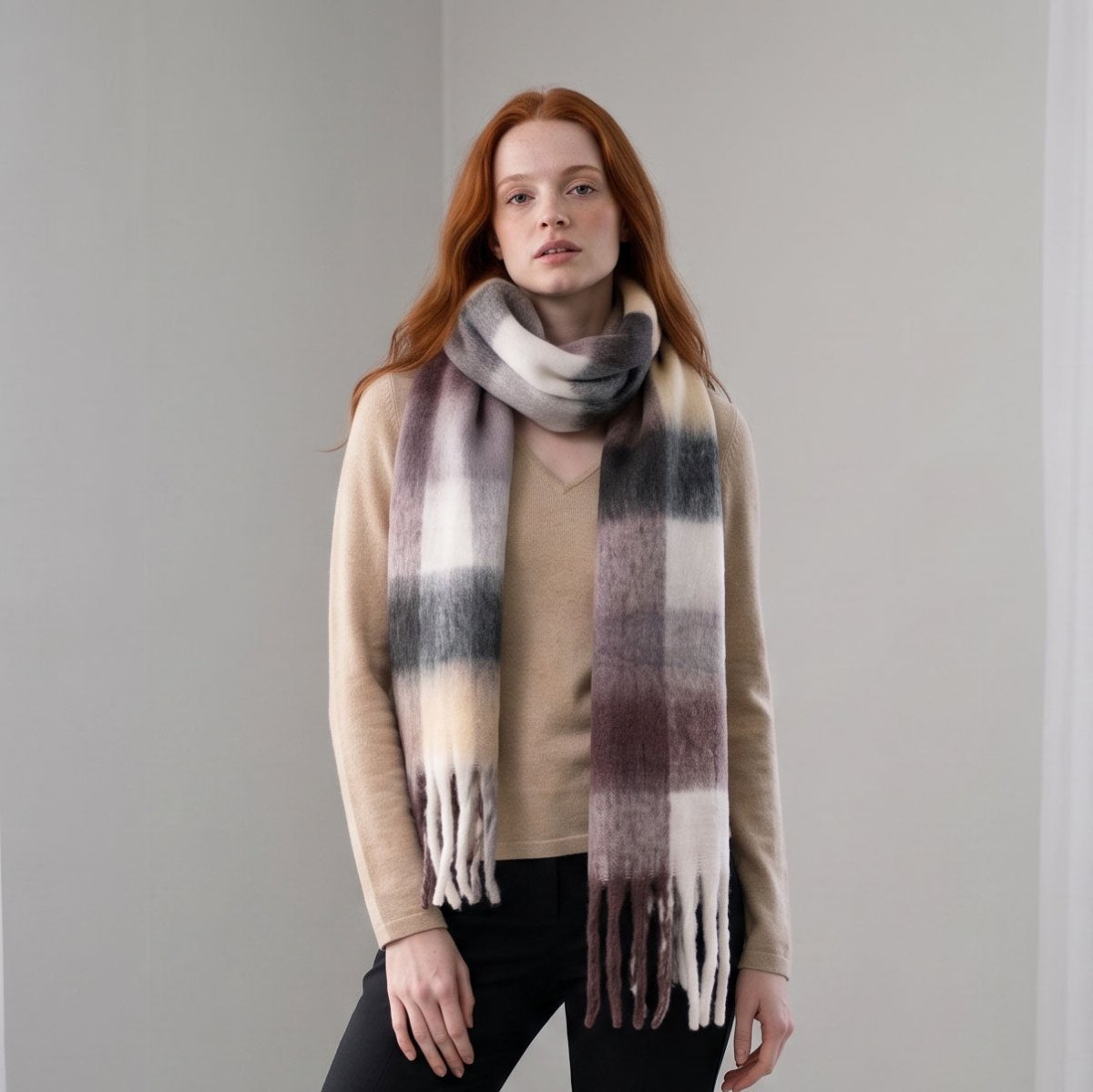 Women’s Soft Check Scarf – Oversized Plaid Winter Wrap with Tassel Fringe - Natural Check - Heritage Of Scotland -
