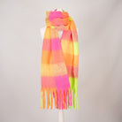Women’s Soft Check Scarf – Oversized Plaid Winter Wrap with Tassel Fringe - Neon Check - Heritage Of Scotland -