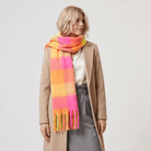 Women’s Soft Check Scarf – Oversized Plaid Winter Wrap with Tassel Fringe - Neon Check - Heritage Of Scotland -