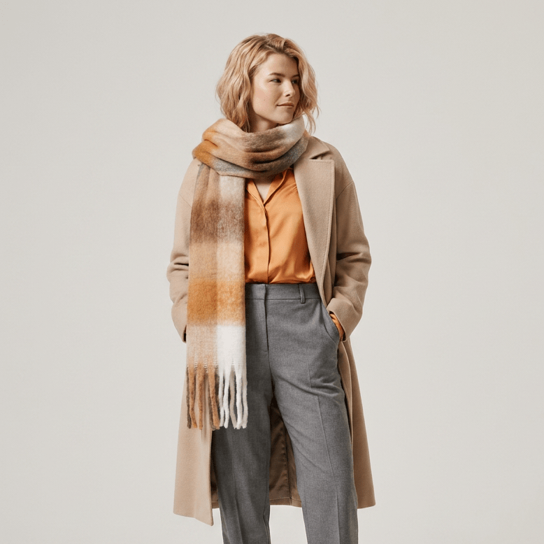 Women’s Soft Check Scarf – Oversized Plaid Winter Wrap with Tassel Fringe - New Camel Check - Heritage Of Scotland -