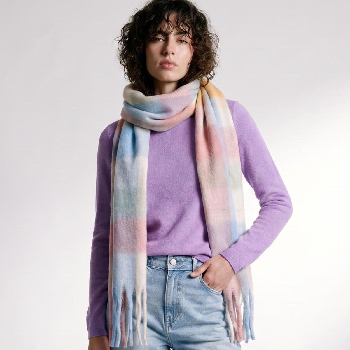Women’s Soft Check Scarf – Oversized Plaid Winter Wrap with Tassel Fringe - Pastel Check - Heritage Of Scotland -