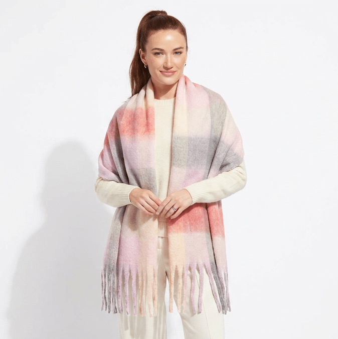 Women’s Soft Check Scarf – Oversized Plaid Winter Wrap with Tassel Fringe - Rose Check - Heritage Of Scotland -