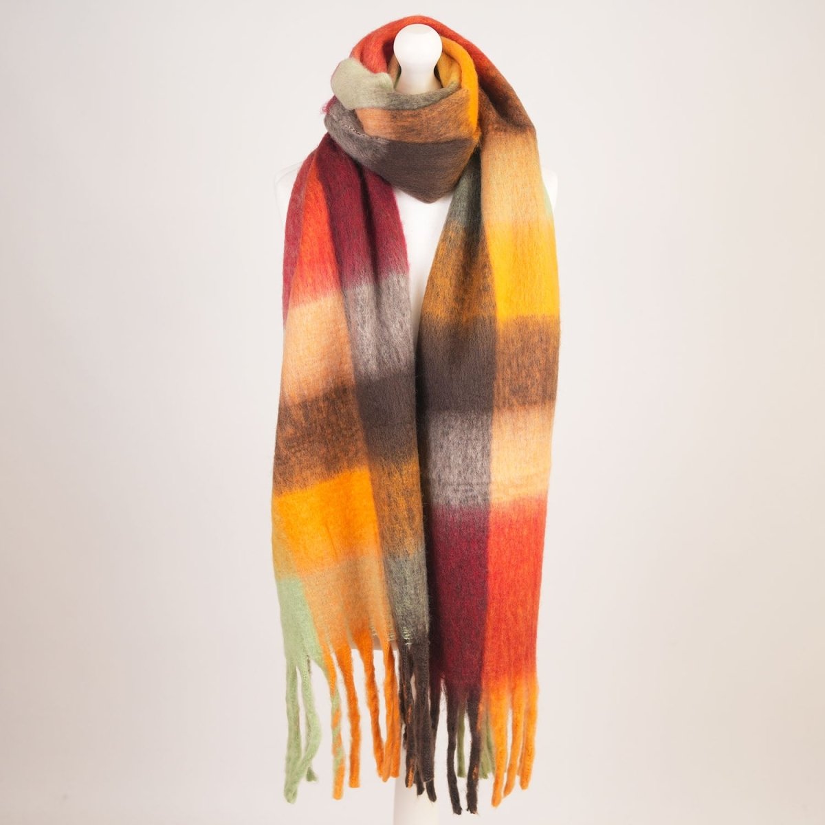 Women’s Soft Check Scarf – Oversized Plaid Winter Wrap with Tassel Fringe - Spice Check - Heritage Of Scotland -