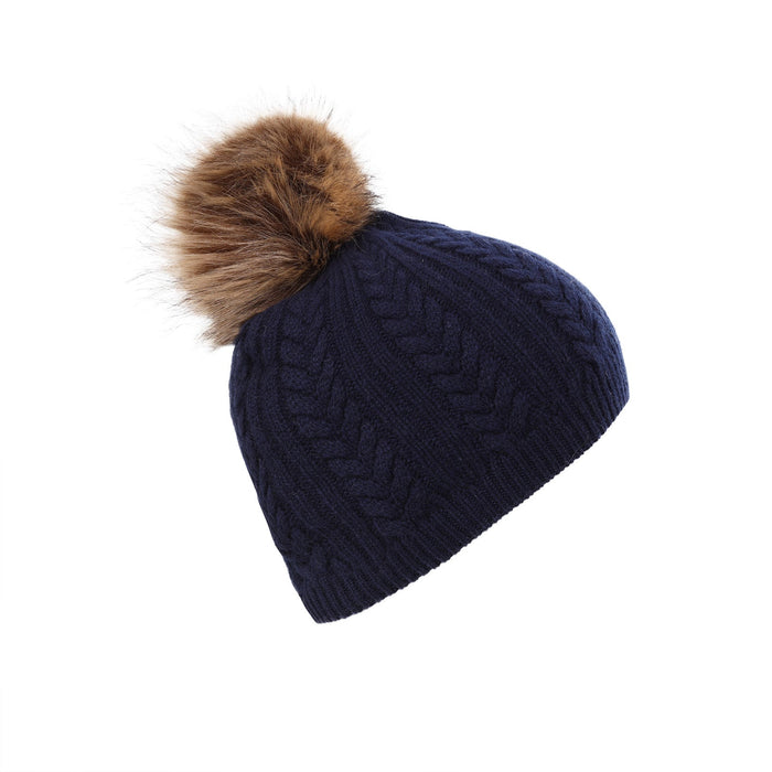 100% Cashmere Ladies Cable Rib Beanie Navy - Heritage Of Scotland - Navy